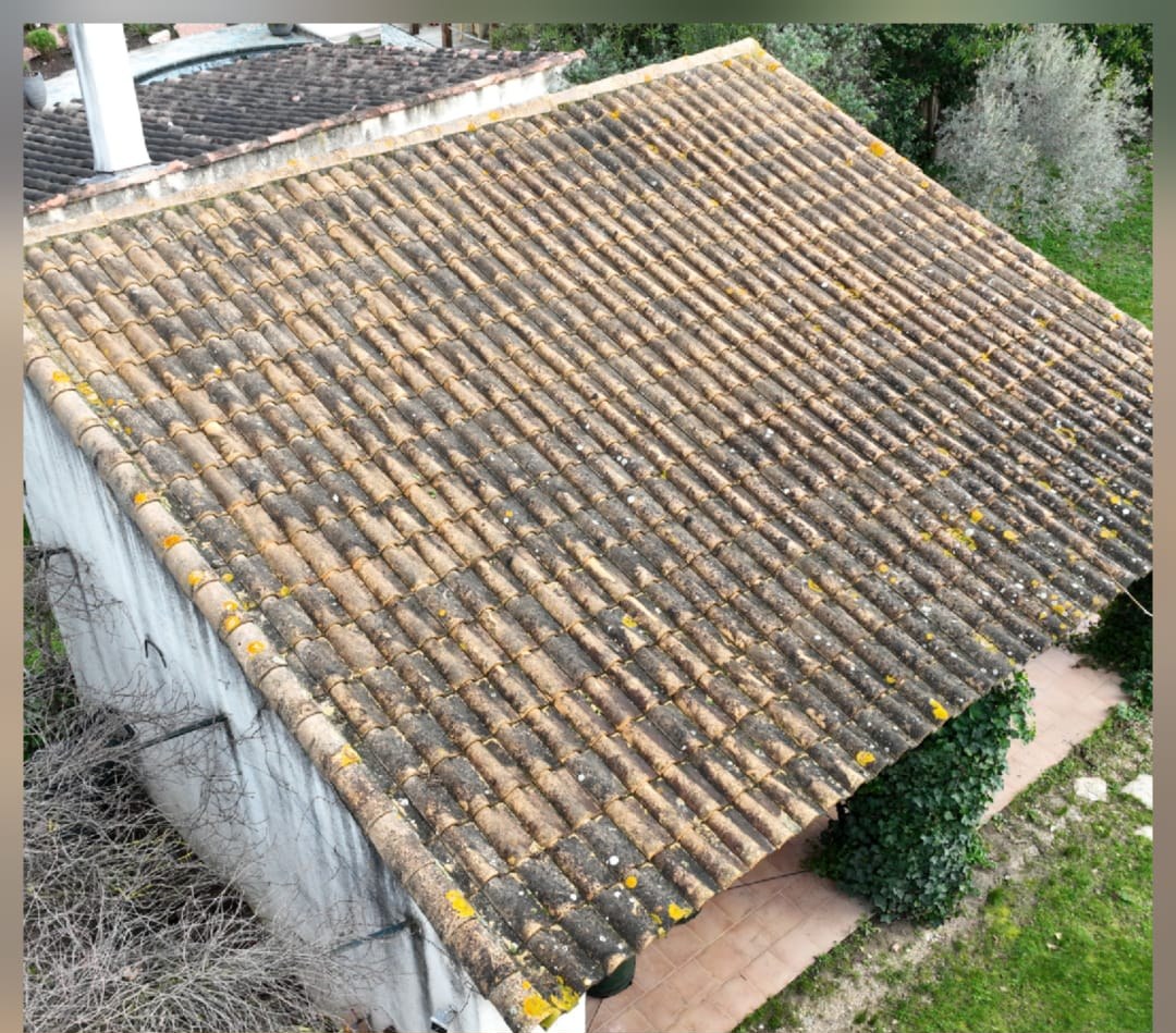 La même toiture avant nettoyage, tuiles noircies et couvertes de lichens, vue par drone